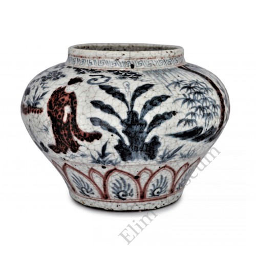 1375 A Yuan underglaze blue-red jar with figures decor